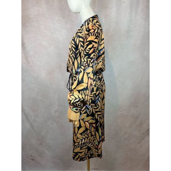Vintage 70s 80s Botanical Print Dress XL Gold and Black Print - Picture 6 of 9